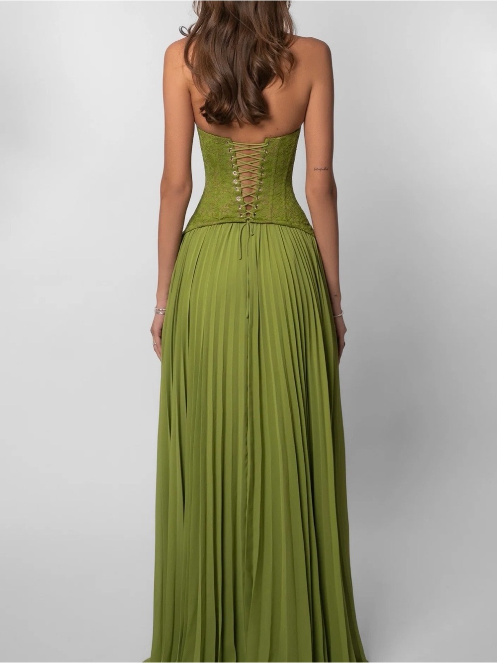 Strapless Olive Green Lace-Up Corset Maxi Dress